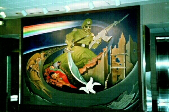 Denver International Airport Mural established in 1993 known as the Year of the Yod notice the image of the beast refer to Revelation 13:8  ready to make war with the Lamb of Father God Almighty JESUS The Alpha and The Omega (Revelation 17:8-14)  