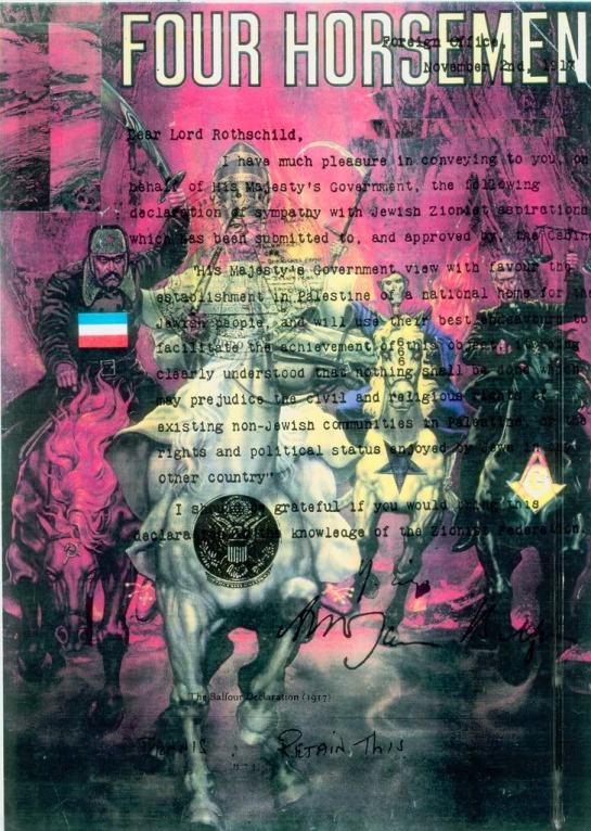 The 4 Horseman of the Apocalypse bringing in their New world Order conspiracy plan from 1776 that Lucifer/George Washington as Yod were as an equal unto the Most High (1 John 5:7-8 King James version only) 