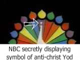 NBC - MSNBC - CNBC (CNN) television broadcasting logo undoubtedly advertisers the mynute symbol of Yod  above its Antichrist white bodied Peacock  and its questionable antichrist 6 colored 7 Noahide laws of Noah rainbow tail feathers 