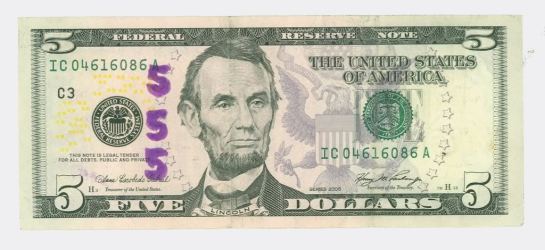 The graven image of the 16th President of USA  Abraham Lincoln $5.00 note displays a peculiar hologram number of George Washington/Lucifer's secret holy mystery number of 555 why? Notice the honorable Hebrew/Christian President Abraham Lincoln eyes are looking eastwards protraying him as a traitor to the 13th principal of the New World Order conspiracy of their faith sublime faith initiative known secretly from the 10th of March 1865 as The Apotheosis of George Washington/Lucifer simply a fulfillment of Matthew 5:18 and Isiah 14;12-14 