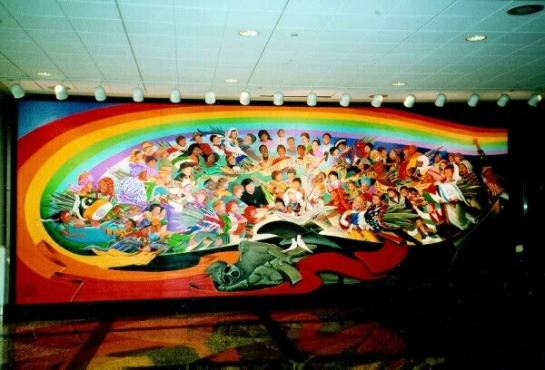 Denver International New World Order 1993 Yod Airport Mural implementing the world peoples captured by the sun god Egyptian Rah/Jewish Shaharit image known as the Antichrist David th erock of Antichrist salvation catches the word people into the trap of the Universal Order of Freemasonry - Church of Nicolaitans, - United Nations and its NWO religion. Notice how the sun god image alos known as the 1926 ordained David the Jewish Moshiach Messiah and obviously also the ordained in 1926 as Egyptian American Scarab Pharaoh, notice how he is presenting the world peoples, to the risen NASA Masonic conspiracy Beast Image, lying under the ground, in a secret facility, notice on a red Esau the hairy one Israel carpet, fulfilling Revelation 13:8 Refer to Contemporary Freemasonry in the counterfeit Holy Land Esau Israel http://web.mit.edu/dryfoo/www/Masonry/Reports/israel.html 