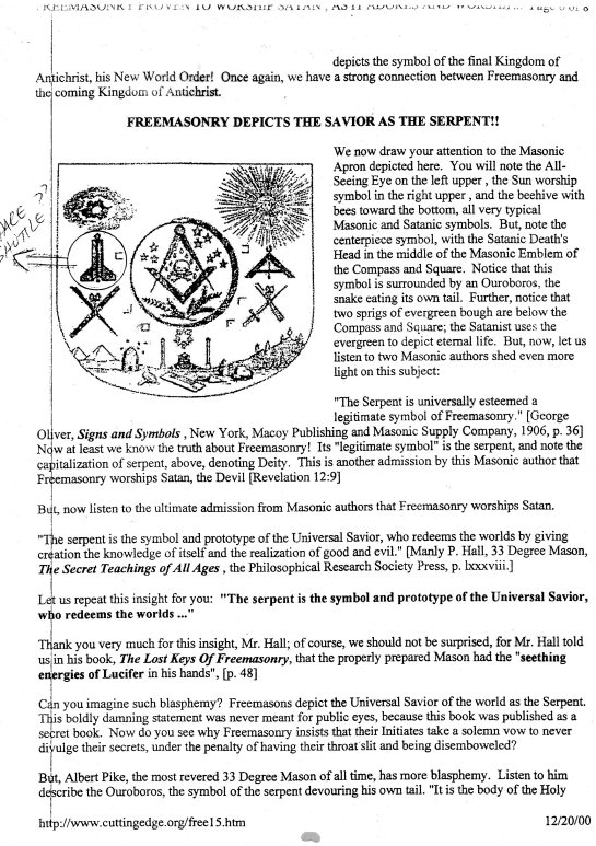 Pay Attention to the dark secret of the Hierarchy of Universal Freemasonry Serpent God Ouroboros worship refer to Matthew 23:35....